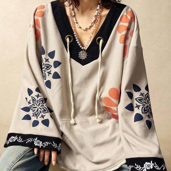 Tops - Apricot Boho Women's Casual Loose Printed Blouse For